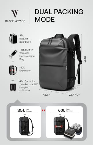BlackVoyage Vortex Vacuum Seal Travel Backpack 60L Expandable Air Compression System Water Resistant TSA Lock Carry-On - color: Gray