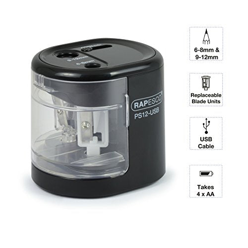 Rapesco 1449 PS12-USB Electric Pencil Sharpener, Dual Hole, Black - color: Black