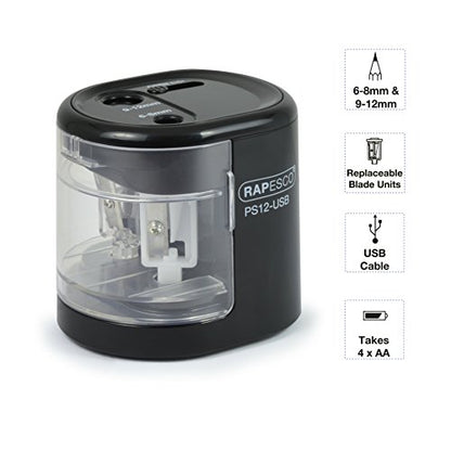 Rapesco 1449 PS12-USB Electric Pencil Sharpener, Dual Hole, Black - color: Black