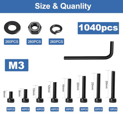 1040Pcs M3 Screw Kit, Hex Socket Head Cap M3 Screws, M3 Bolts Nuts Washers - color: Black, size: Black M3 (1040 Pcs)