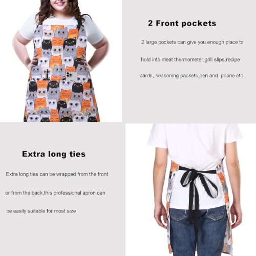 Plus Size Adjustable Bib Apron Water Resistant Canvas Extra Wide Long Ties Aprons with 2 Pockets Kitchen Cooking Gardening - color: Cat