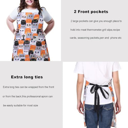 Plus Size Adjustable Bib Apron Water Resistant Canvas Extra Wide Long Ties Aprons with 2 Pockets Kitchen Cooking Gardening - color: Cat
