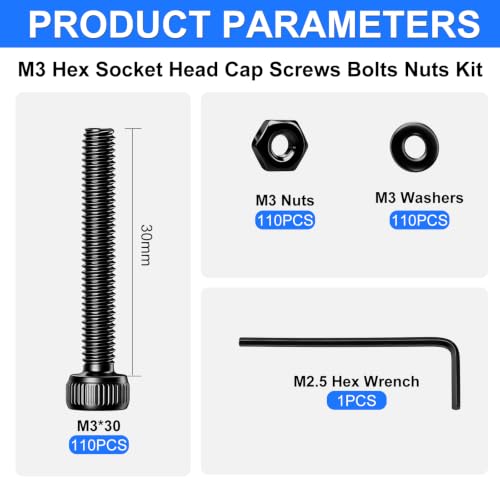 330Pcs M3 x 30mm Hex Socket Head Cap Screws with Nuts and Washers - size: M3 x 30mm-330PCS