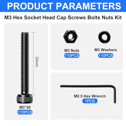 330Pcs M3 x 30mm Hex Socket Head Cap Screws with Nuts and Washers - size: M3 x 30mm-330PCS