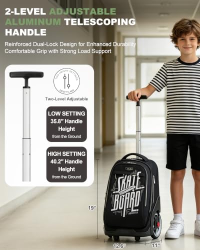 NEW TILAMI 19 Inch Rolling Backpack for School Stair-Climbing Big Wheel - color: Black Skate Board
