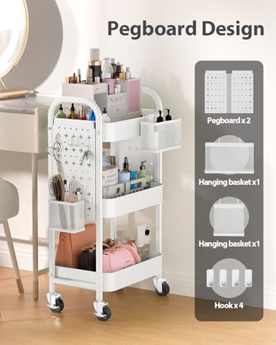 ALVOROG 3 Tier Metal Rolling Utility Cart with Pegboards,Baskets,Hook,White - color: White
