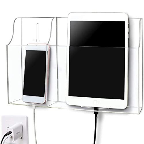 Clear Wall Tablet Holder Acrylic Wall Mounted Phone Holder for iPad, Remote Control Holder Laptop Stand for eReader Storage Caddy with Charging Holes for Kindle iPhone - size: 2-Slot