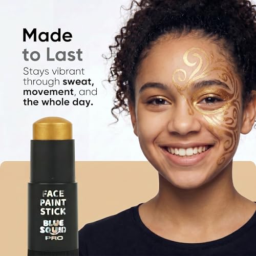 Blue Squid PRO Metallic Gold Face Paint Stick - XL (21g/0.75oz) Waterproof Body Paint for Adults & Kids Eye Black Baseball - Vegan Hypoallergenic Twist-Up Non-Toxic Makeup Stick for Cosplay, Sports - color: Metallic Gold
