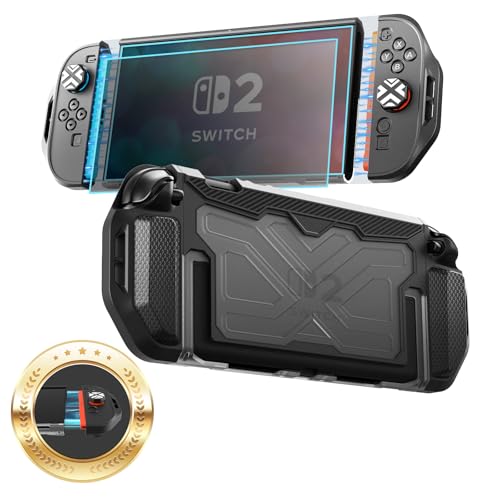 Toladoshop Dockable for Switch 2 Grip Case (2025) Accessories, Armor Slim Military-Grade Protection for Detachable 3PCS Design Joncon Holder with Screen Protectors and Joystick caps, Black - color: Black-Ttransparent