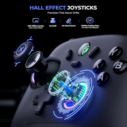 ECHTPower Wireless PC Gaming Controller - Hall Effect Joystick, 2.4G & Wired 1000Hz Polling Rate, 800mAh Battery, Adjustable Turbo/Vibration - for PC/Switch/iOS/Android - color: Black