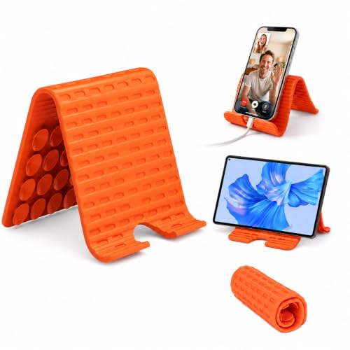 Airplane Phone Holder, Silicone Foldable Phone Stand for Desk and Travel - color: Orange