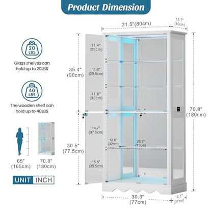Dystler Display Cabinet with Glass Doors, RGB Lights for Collectibles - color: White