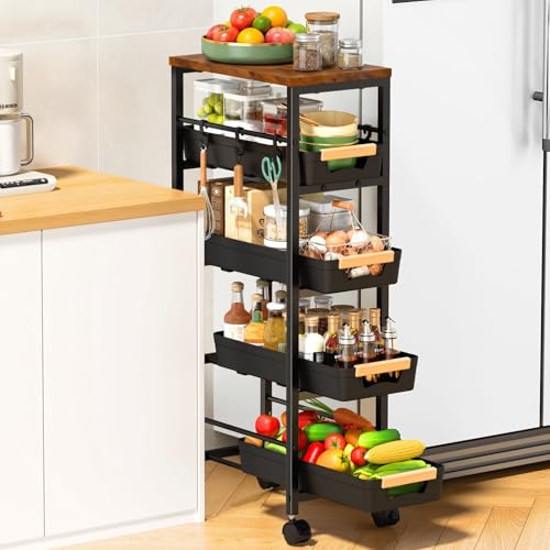 SUNALLY Slim Storage Cart with Wheels, Narrow Kitchen Rolling Cart, Black - color: Black, size: 14.21x8.15x32.91 Inch
