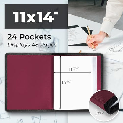 Dunwell 11x14 Art Portfolio Binder, 24-Sleeve, Mounting Paper, Ruby - color: Ruby, size: 11x14" w/ BLK Paper