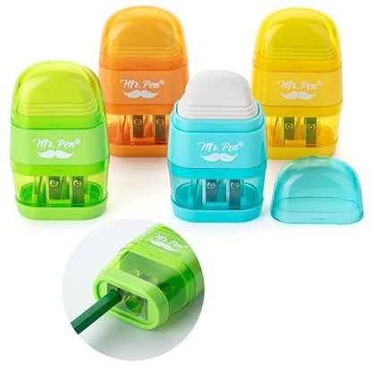 Mr. Pen- Pencil Sharpener & Eraser, 4 Pack - color: Yellow, Orange, Blue, Green, size: 4 Pack
