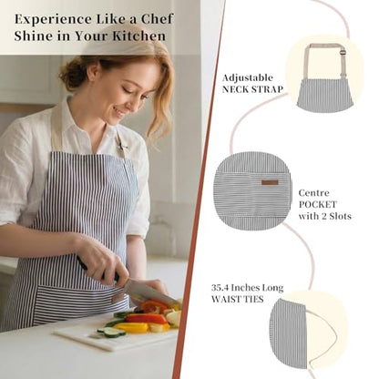 2 Pack Cooking Aprons Adjustable Bib Apron for Women with 2 Pockets, Kitchen Restaurant Men Chefs Aprons - color: Beige/Black Stripes
