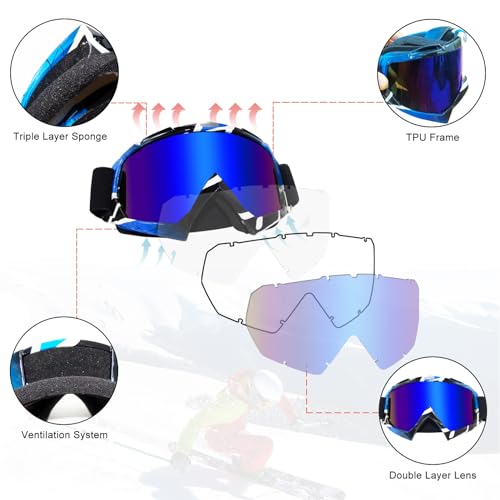 Motocross Goggles - Dirt Bike Motorcycle Goggles for Men, Women & Youth - MX Off Road Riding Racing - color: Dark Blue Frame Color Lens