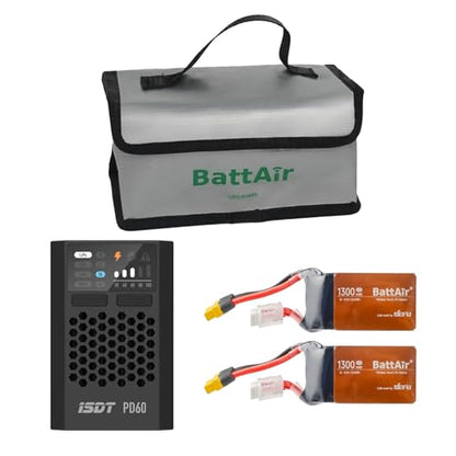 ISDT PD60 Bundle: PD60S XT60 60W 6A Type-C Battery Balance Charger for 1-4S Lipo Battery & 6S 80C 1300mAh Smart Battery for RC Car Plane FPV Drone (2 Packs)