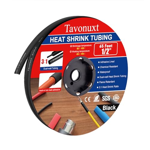 1/2" 65ft 3:1 Heat Shrink Tubing with Adhesive Lining - Marine Grade, Ideal for Home, Automotive, and Industrial Use - Black - size: 1/2 Inch, style: 65ft - Balck