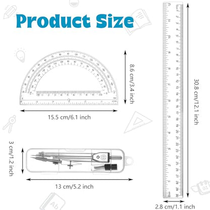 Zonon 3 Pcs 12" Clear Plastic Ruler 6 Inch Protractor Compass Set, Clear - color: Clear, size: 12 Inch