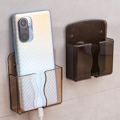 1Pcs Multifunction Organizer Storage Box Home Wall Mounted Punch Free TV Remote Control Mobile Phone Charging Storage Bracket (Transparent) - color: Transparent