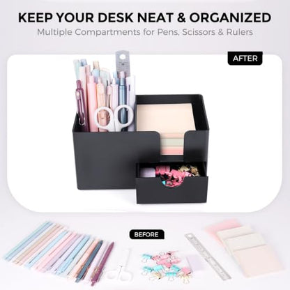 SKYDUE Small Desk Organizer with Sticky Notes Holder,Pen Holder for Desk - color: Black
