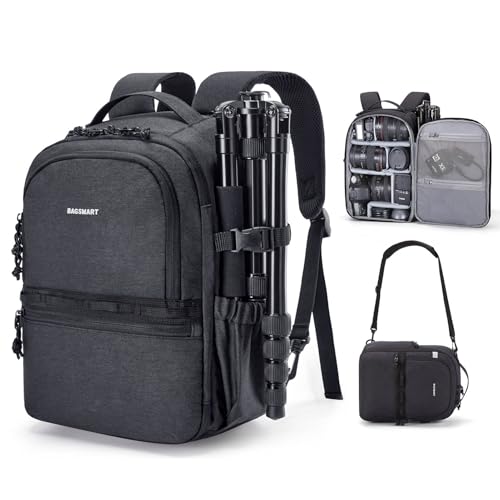 BAGSMART 2 in 1 Small Camera Backpack for DSLR, Fits 12.9" iPad, Black - color: Black