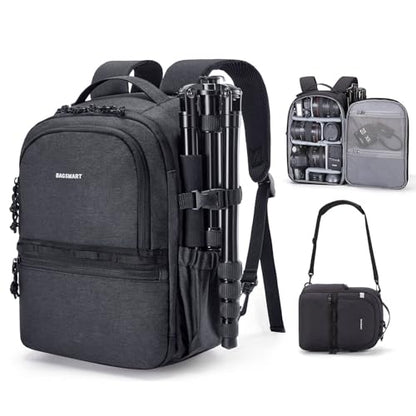 BAGSMART 2 in 1 Small Camera Backpack for DSLR, Fits 12.9" iPad, Black - color: Black