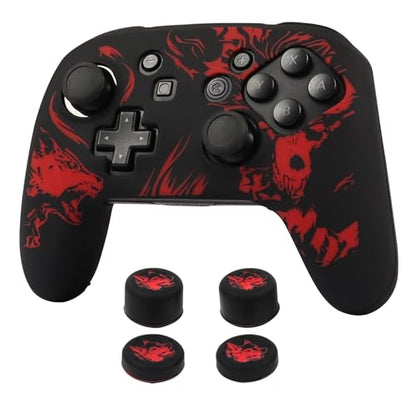 Wolf Controller Skin Cover for NS Switch Pro Controller, RALAN 1 controller skin+4 Customised Thumb Grips Caps Accessories - color: Wolf Black Red