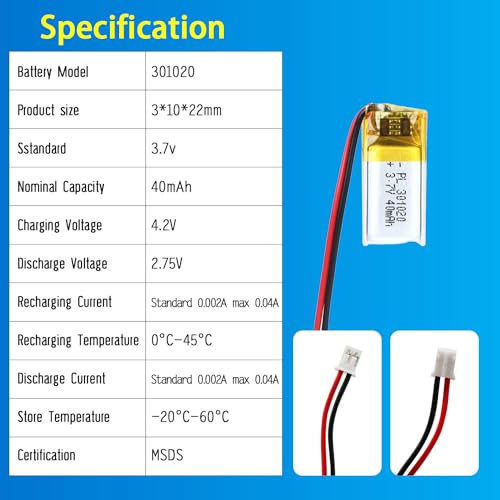 301020 3.7V Lipo Battery 40mAh 301020 Rechargeable Lithium - size: 301020 40mAh