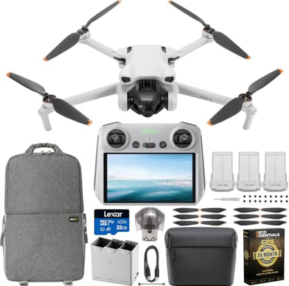 DJI Mini 3 Camera Drone Quadcopter + RC Smart Controller (With Screen) + Fly More Kit, 4K Video, 38min Flight Time, True Vertical Shooting, Intelligent Modes Bundle w/Deco Gear Backpack +Accessories - style: RC Fly More Kit