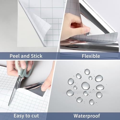 WESTICK Peel and Stick Mirror Paper Self Adhesive Silver Mirror Wallpaper - color: 1.Silver