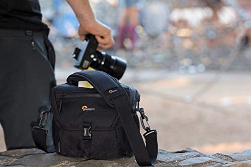 Lowepro LP37117, Nova 140AW II Camera Bag, Customizable, Portable, Fits Mirrorless with 17-85mm Attached Lens, Compact Drone, Flash, Black - size: 140AW II