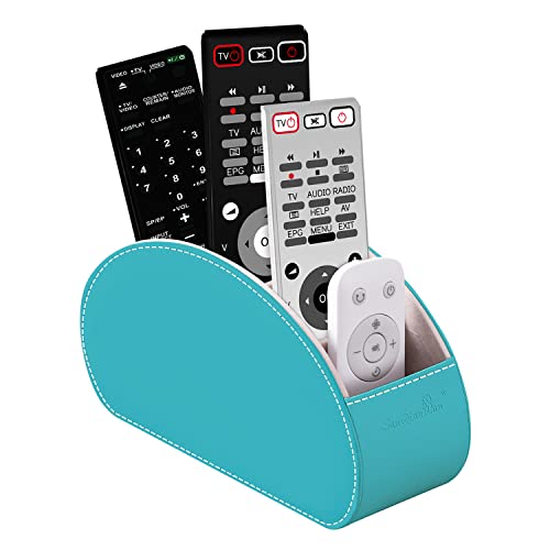 Remote Control Holders Organizer Box with 5 Compartment PU Leather Caddy - color: Lake Blue, size: S