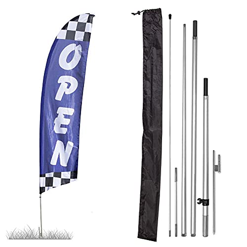 Vispronet Premium Open Feather Flag Kit – Includes 13ft Sectional Aviation Grade Fiberglass Poles, Blue Checkered Open Flag, Ground Spike and Pole Sleeve Bag - color: Blue, size: Premium/Ground Stake