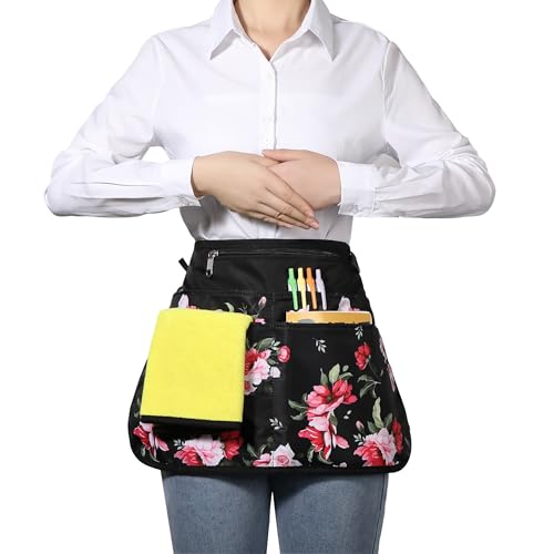 Waterproof Server Apron for Women with 6 Pockets,Quickly Put on and Take off Waitress Apron,Work Apron for Bartender Barista - color: Peony