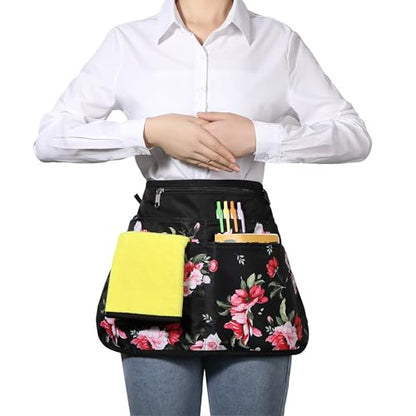 Waterproof Server Apron for Women with 6 Pockets,Quickly Put on and Take off Waitress Apron,Work Apron for Bartender Barista - color: Peony
