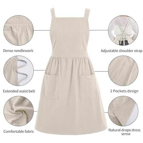 Pinknoke Cute Cotton Pinafore Aprons for Women with Pockets for Kitchen - color: Beige