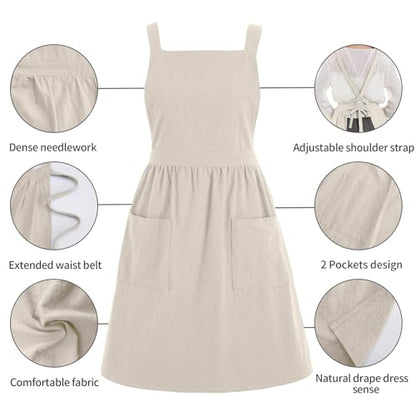 Pinknoke Cute Cotton Pinafore Aprons for Women with Pockets for Kitchen - color: Beige