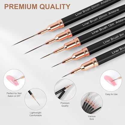 Artdone Metallic Nail Art Pens, Liner Brushes Set, 5PCS Black Nail Tools - color: Black Liner Brush Set