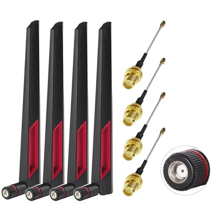WiFi Antenna Dual Band 2.4GHz 5.8GHz 10dBi RP-SMA Male Antenna 20cm+U.FL IPX IPEX to RP-SMA Female Cable RG1.13 for WiFi Router Wireless Adapter Network Card Security Camera(Pack of 4)