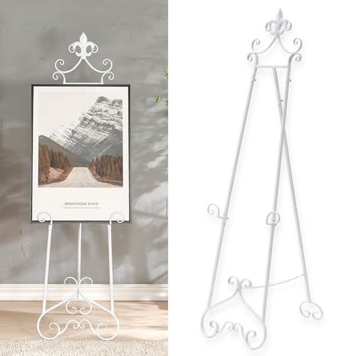 60” H White Easel Stand for Sign Metal Adjustable - color: Scrollwork Floral Top-WHITE
