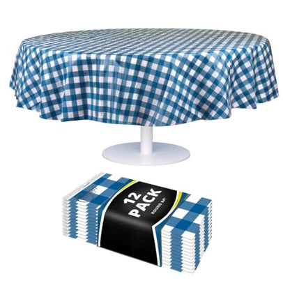 Grandipity Plastic Table Cloth Disposable 12 Pack 84" Round Gingham - color: Blue Gingham Checkered, size: 84in. Round