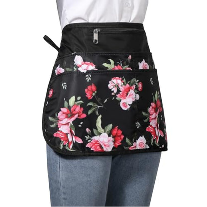 Waterproof Server Apron for Women with 6 Pockets,Quickly Put on and Take off Waitress Apron,Work Apron for Bartender Barista - color: Peony