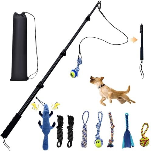 Flirt Pole for Dogs, Interactive Toys Tug-of-war for Dogs, Four-Section Retractable Adjustable Length, Chase Toys with Rope Chewing Sticks, for Outdoor Exercise & Training - size: 50Inch Pole-Black