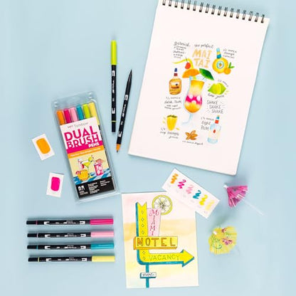 Tombow 56243 Dual Brush Pen Art Markers, Happy Hour, 6-Pack. Brush/Fine Tip