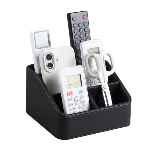 PU Leather Remote Control Holder, Nightstand Organizer with 4 Compartments - color: Black