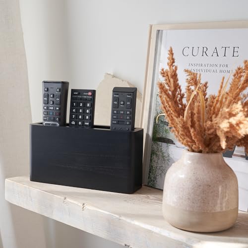 Wooden Remote Control Holder - Adhesive Wall Mount Caddy for 3-4 Remotes - color: Black
