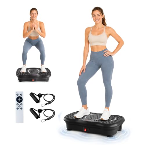Vibration Plate Exercise Machine for Lymphatic Drainage, 200 Speeds Vibrating Fitness Platform for Full Body Workout and Weight Loss, 300 Lbs Capacity with Resistance Bands for Women Men - color: Black