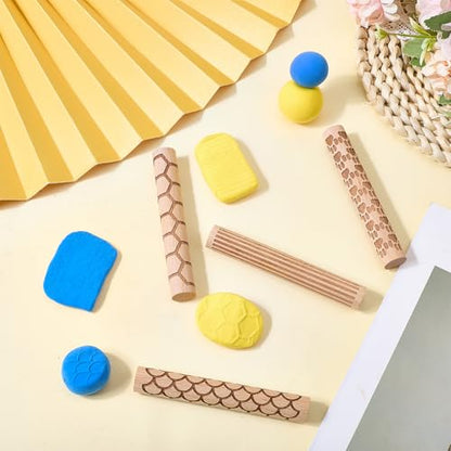 CREATCABIN 4 Pcs Wooden Clay Texture Rollers Pottery Stamp Roller Tools Sector Straight Line Paw Hexagon Pattern Textured Rolling Pins for Modeling Ceramics Painting Handmade Craft Art DIY 3.94 Inch